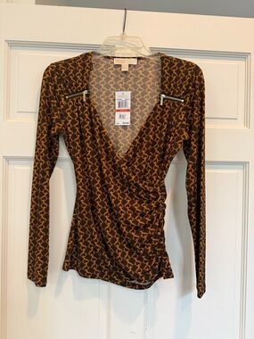 Michael Kors Brown & Gold Chain-Print Long Sleeve Wrap Top